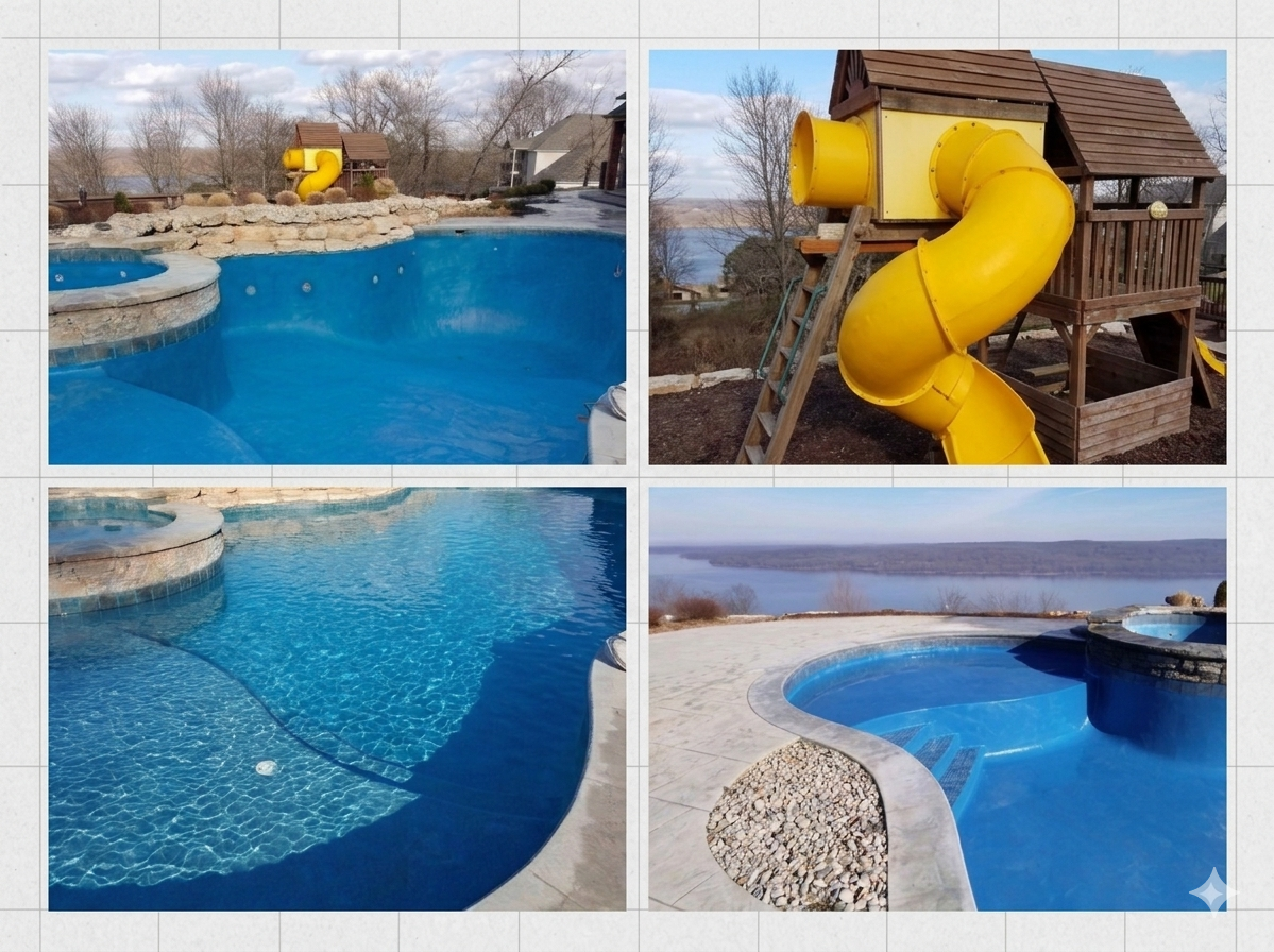 Four images of pools and water slides in various backyard settings.