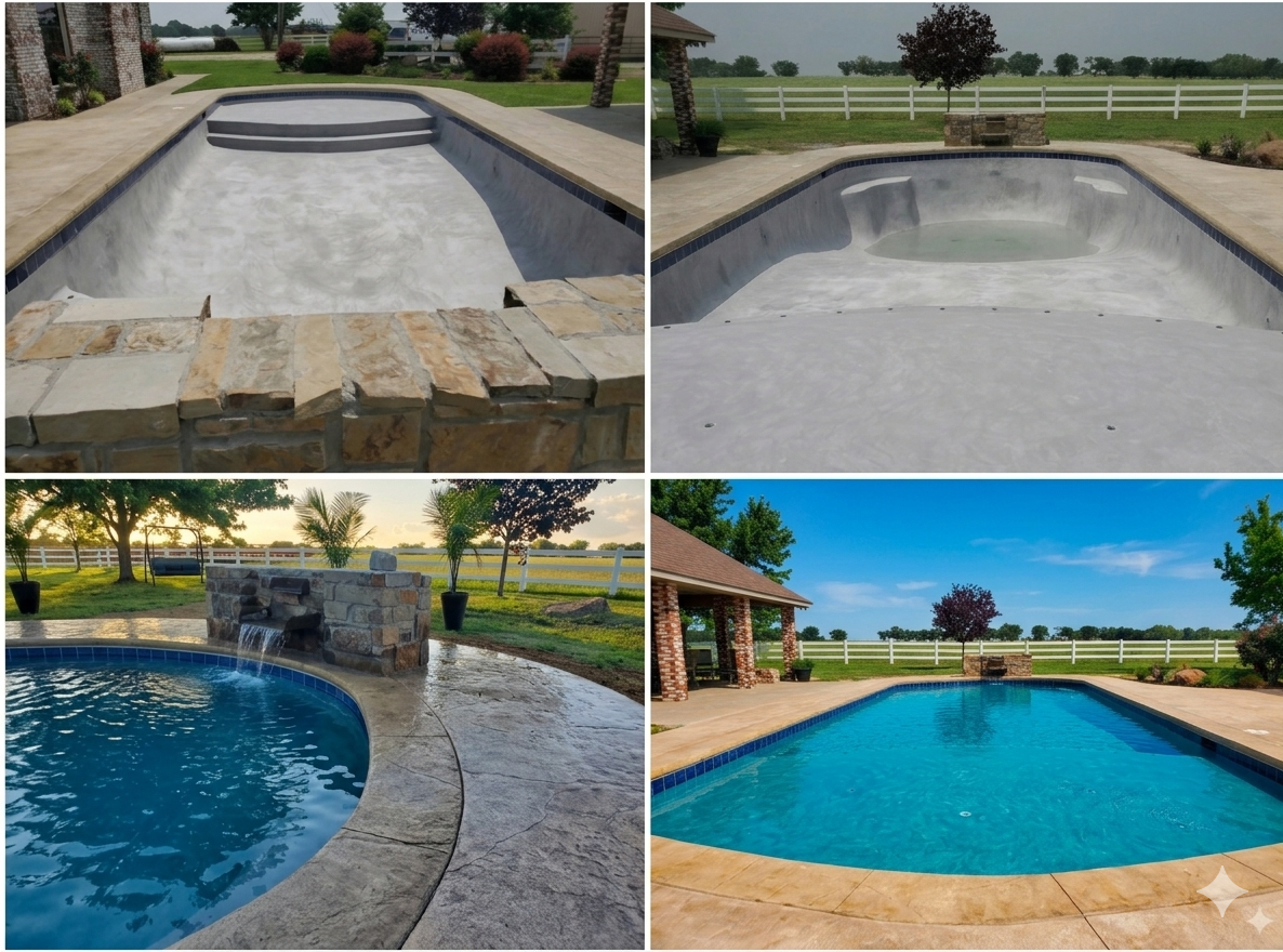 Four images showing stages of swimming pool construction and renovation.