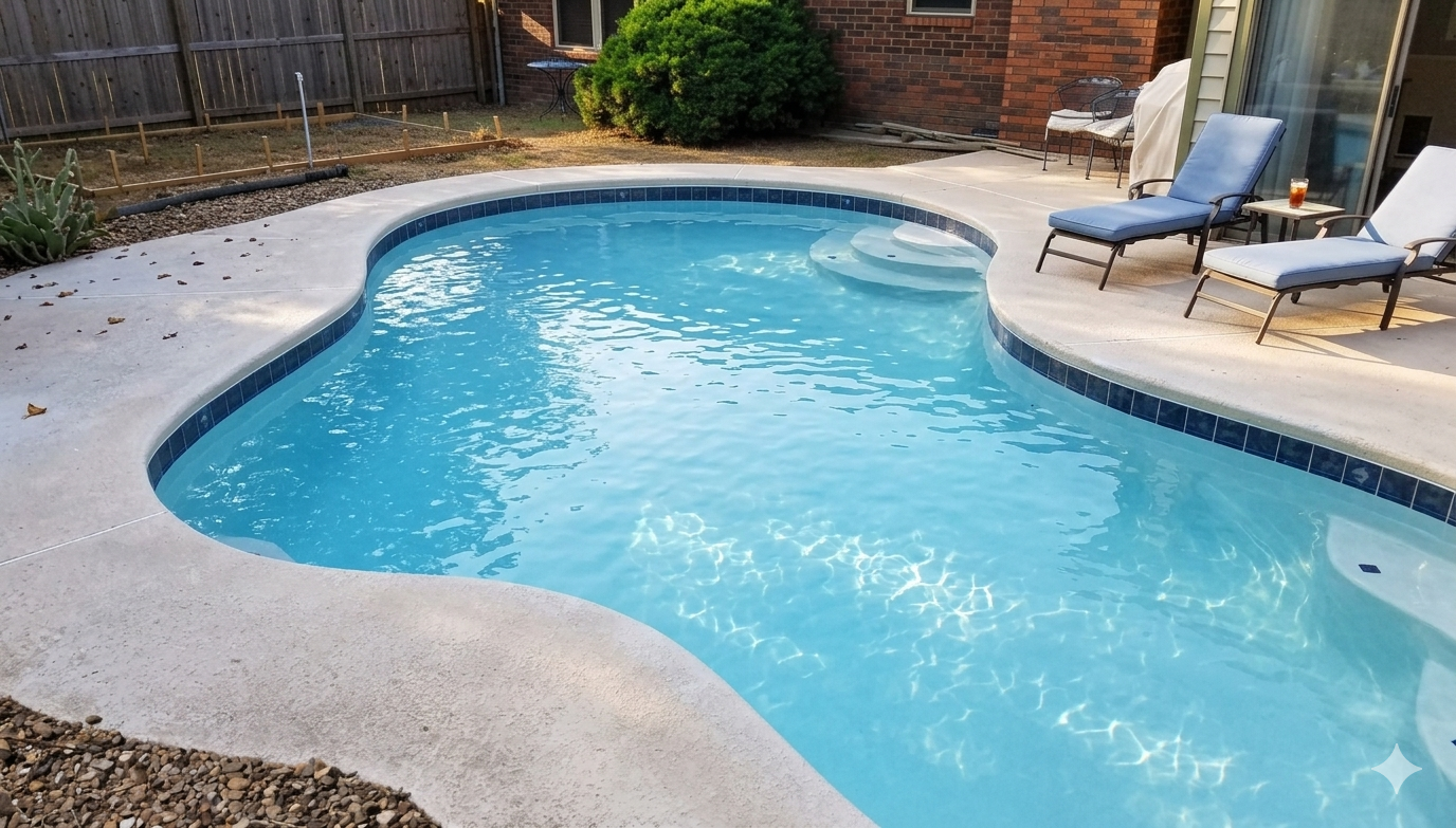 Curved inground pool with clear water, surrounded by patio chairs and greenery.