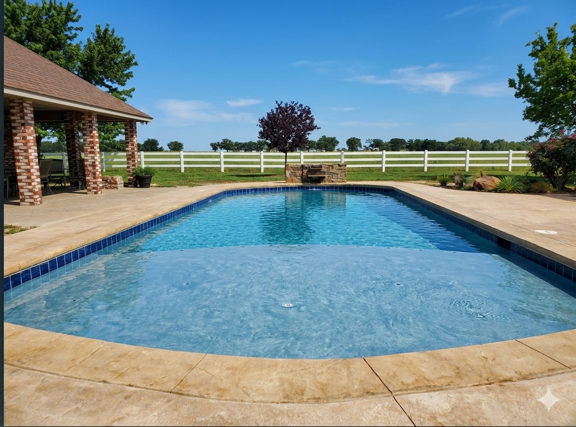 Backyard inground pool with patio, brick gazebo, and white fence under blue sky.