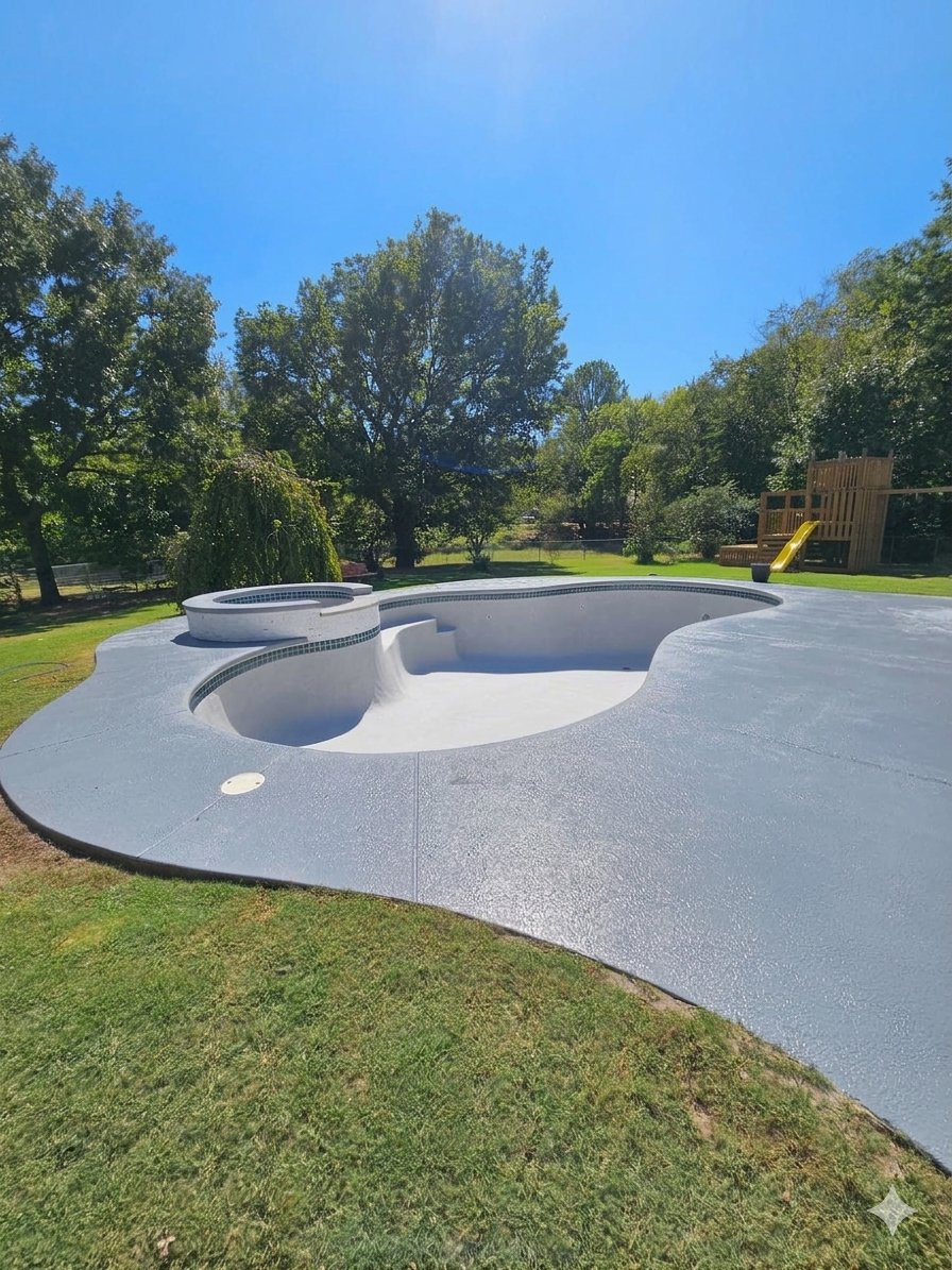 Empty swimming pool with concrete deck in a backyard under clear sky.