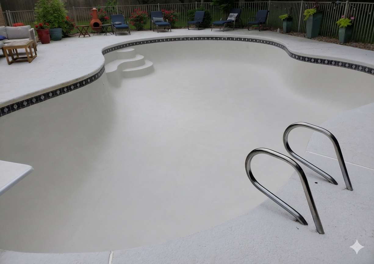 Empty swimming pool with white plaster, surrounded by patio chairs and plants.